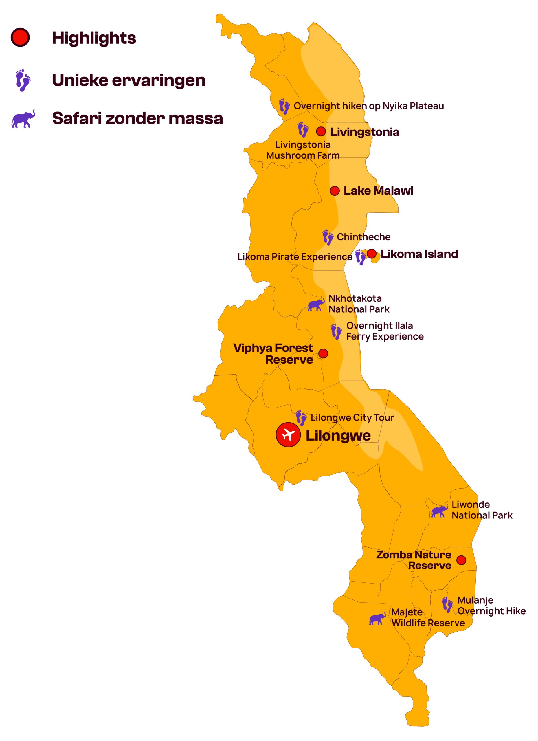 Kaart van Malawi met toeristische attracties, waaronder Lilongwe, Lake Malawi, Likoma Island, Viphya Forest Reserve, Zomba Nature Reserve en Livingstone, met pictogrammen voor unieke ervaringen en safari's zonder massa's.
