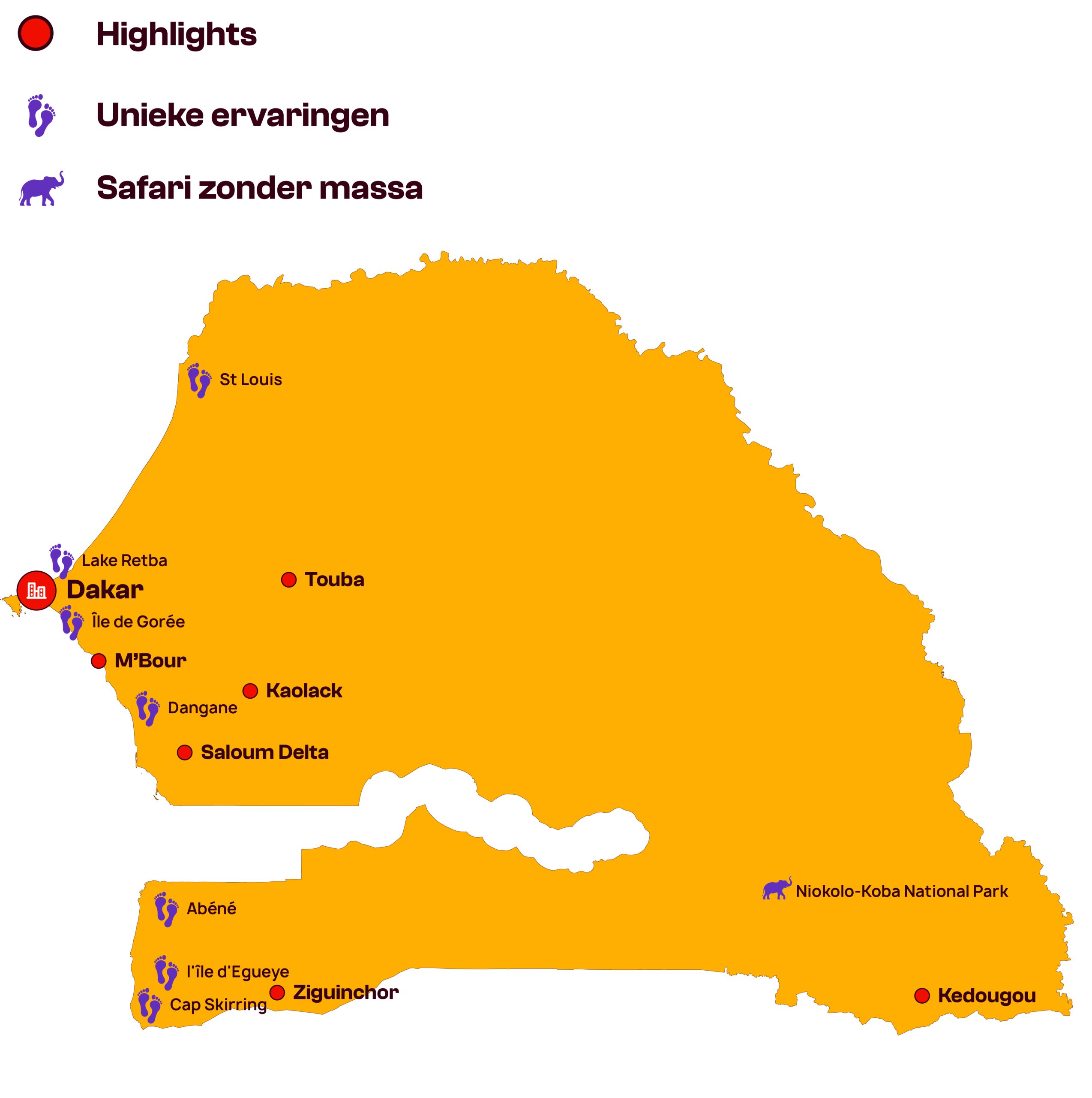 Een vereenvoudigde oranje kaart van Senegal met gelabelde steden en oriëntatiepunten. Dakar is gemarkeerd met een rood pictogram; paarse pictogrammen markeren unieke ervaringen en minder drukke safariplekken. Tekst is in het Nederlands.
