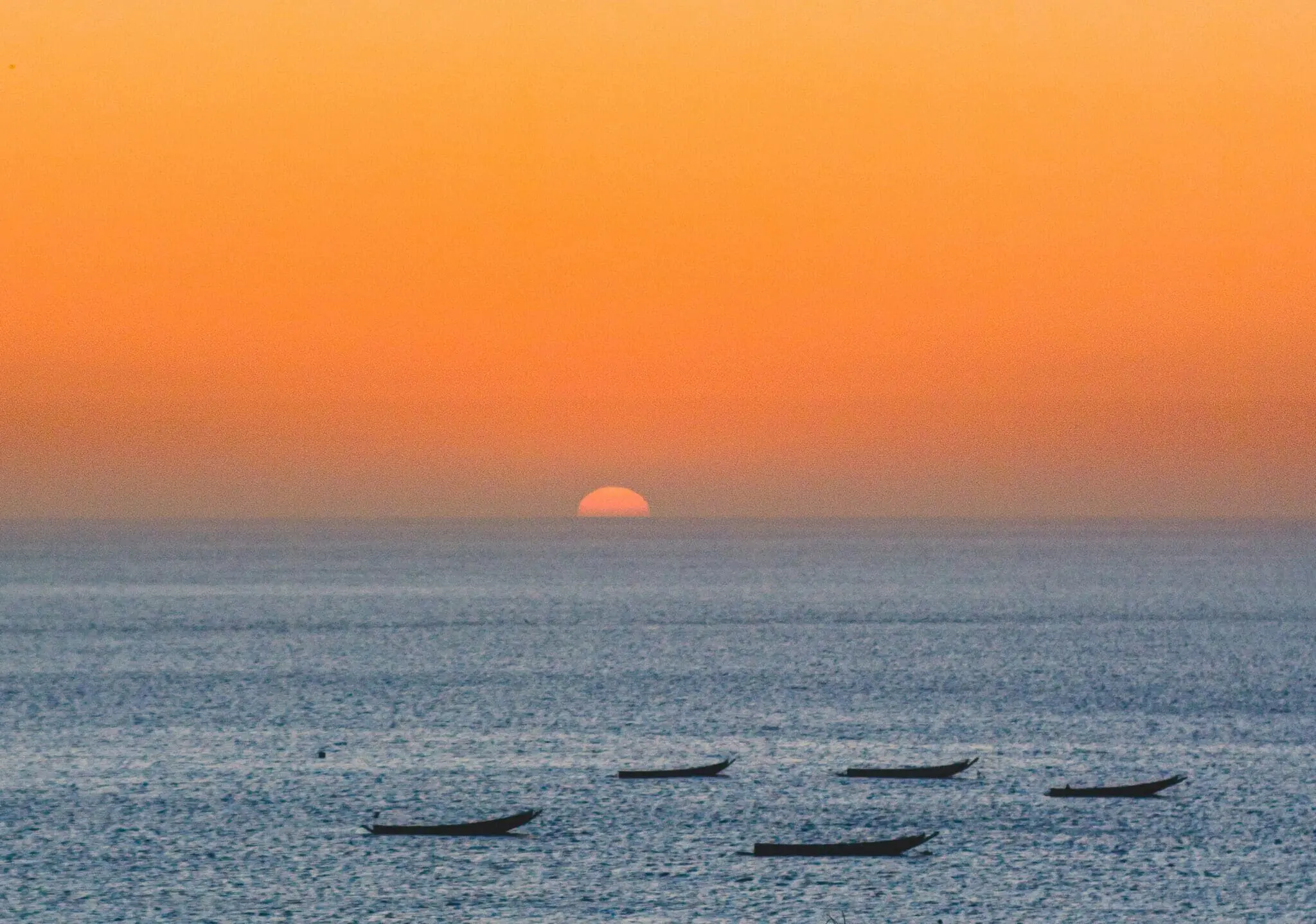 De zon gaat onder boven een kalme zee met zes kleine bootjes drijvend op het water. Silhouetten van planten en struiken zijn zichtbaar op de voorgrond onder een oranje en blauwe lucht.
