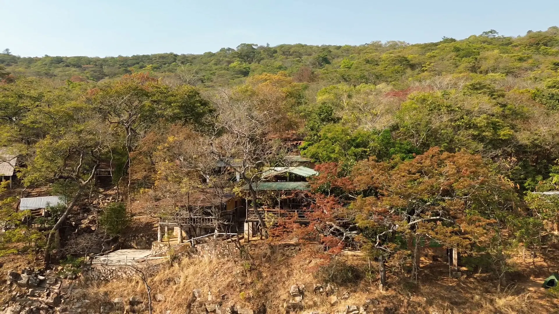 Een houten hut met een groen dak ligt genesteld tussen dichte, lommerrijke bomen op een heuvel, gedeeltelijk verborgen door gebladerte. De droge grond en het omringende bos vertonen groene, bruine en oranje tinten, perfect voor reizigers die op zoek zijn naar rust.