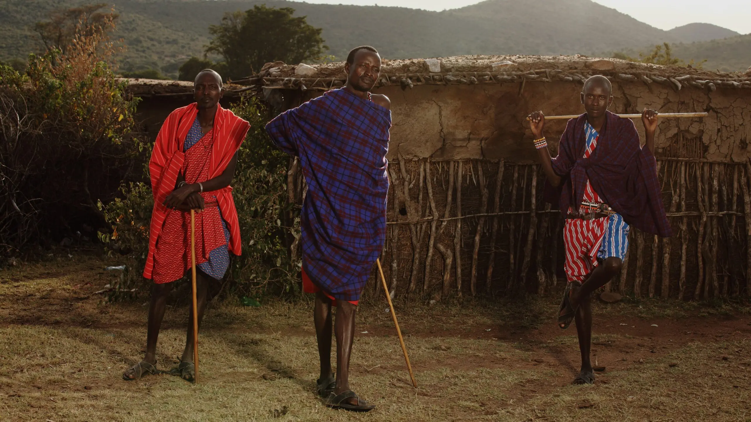 Drie Maasai mannen staan buiten in traditionele shuka's met wandelstokken voor een rieten hut met bergen op de achtergrond. De mannen poseren zelfverzekerd op een grasveld onder warm zonlicht.
