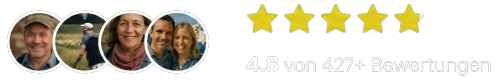 Vier lächelnde Menschen auf kreisrunden Profilfotos neben fünf gelben Sternen und dem Text 4.8 von 457+ Bewertungen, der auf eine Bewertung von 4,8 von 5 Punkten aus über 457 Rezensionen hinweist.