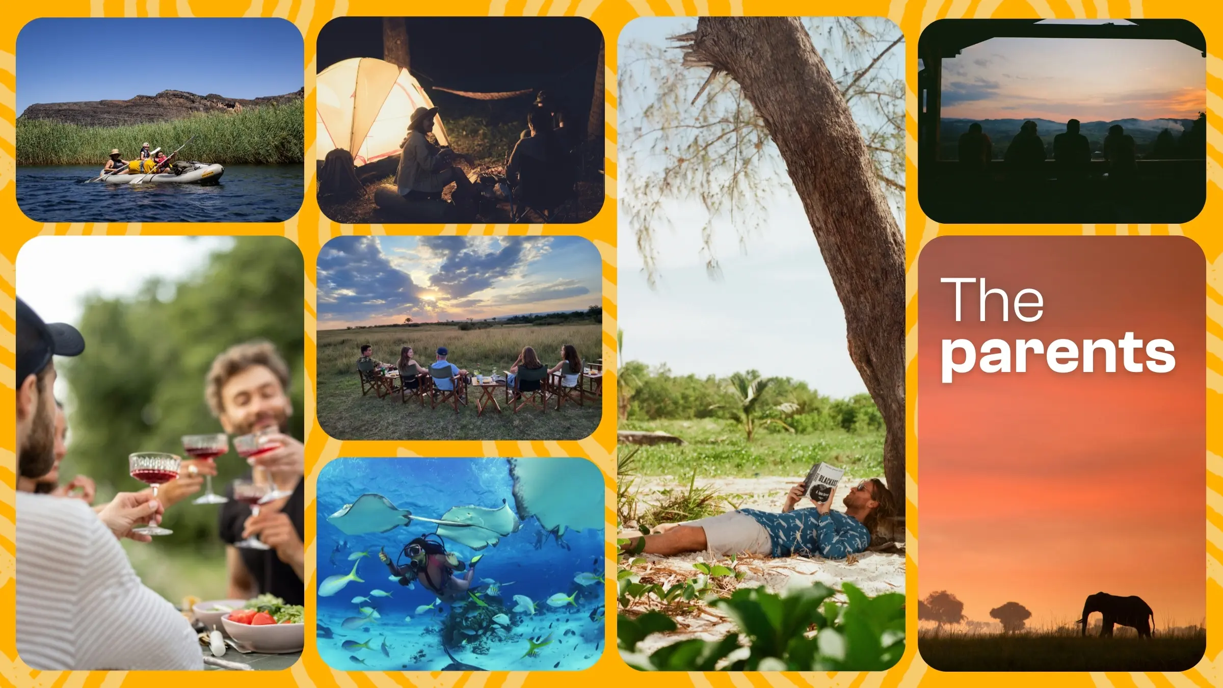 http://Een%20collage%20toont%20ouders%20die%20kajakken,%20kamperen,%20naar%20een%20zonsondergang%20kijken,%20buiten%20eten,%20rond%20een%20kampvuur%20zitten,%20snorkelen%20met%20vissen,%20ontspannen%20op%20een%20strand%20met%20een%20boek%20en%20een%20olifant%20bij%20zonsondergang.%20De%20woorden%20De%20ouders%20verschijnen.