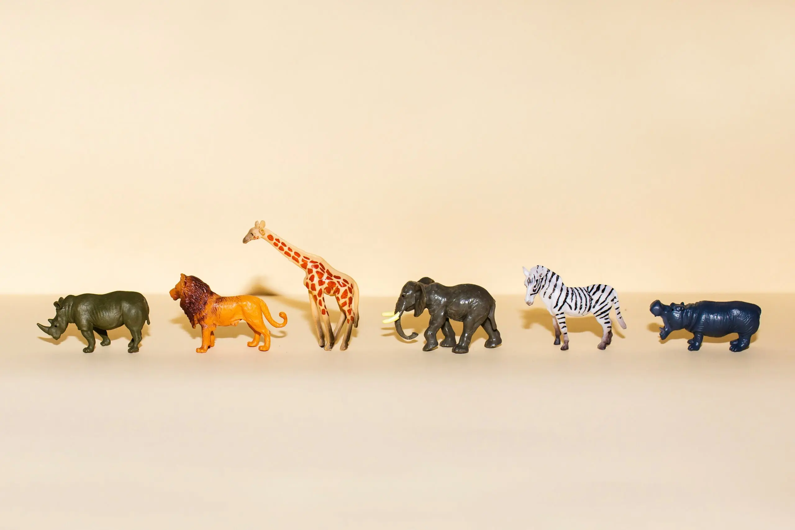 Zes plastic speelgoeddieren - een groene neushoorn, oranje leeuw, oranje giraffe, grijze olifant, witte zebra en blauw nijlpaard - staan op een rij tegen een lichtbeige achtergrond.