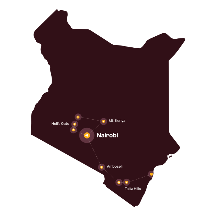 Een donkere kaart van Kenia met gelabelde punten: Nairobi in het midden en Hell's Gate, Mt. Kenya, Amboseli en Taita Hills in een reisroute die elke locatie verbindt.