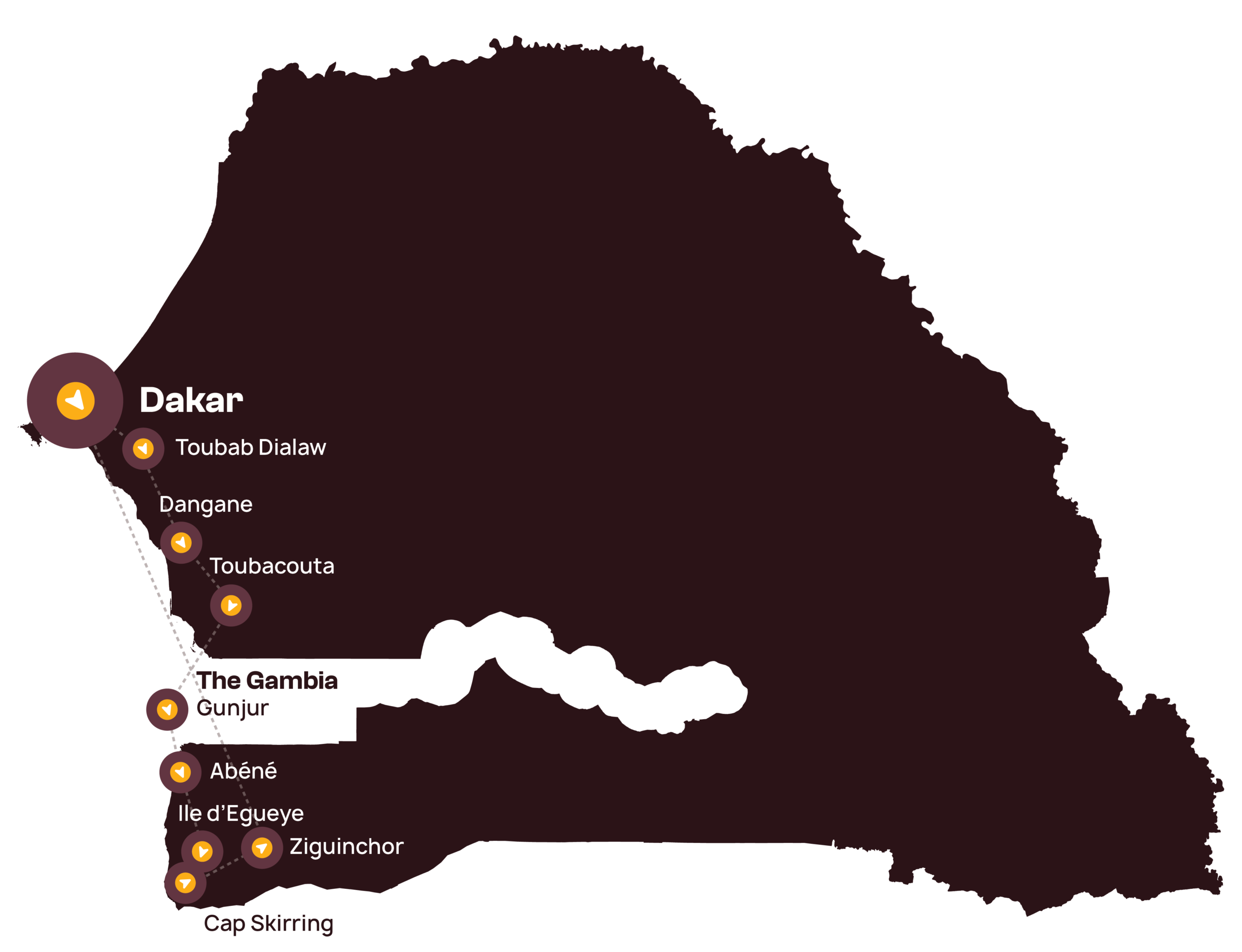 Donkere kaart van Senegal met locaties van steden gemarkeerd, waaronder Dakar, Toubab Dialaw, Dangane, Toubacouta, Abéné, Ile d'Egueye, Ziguinchor, Cap Skirring, en Gambia wit gemarkeerd binnen Senegal.