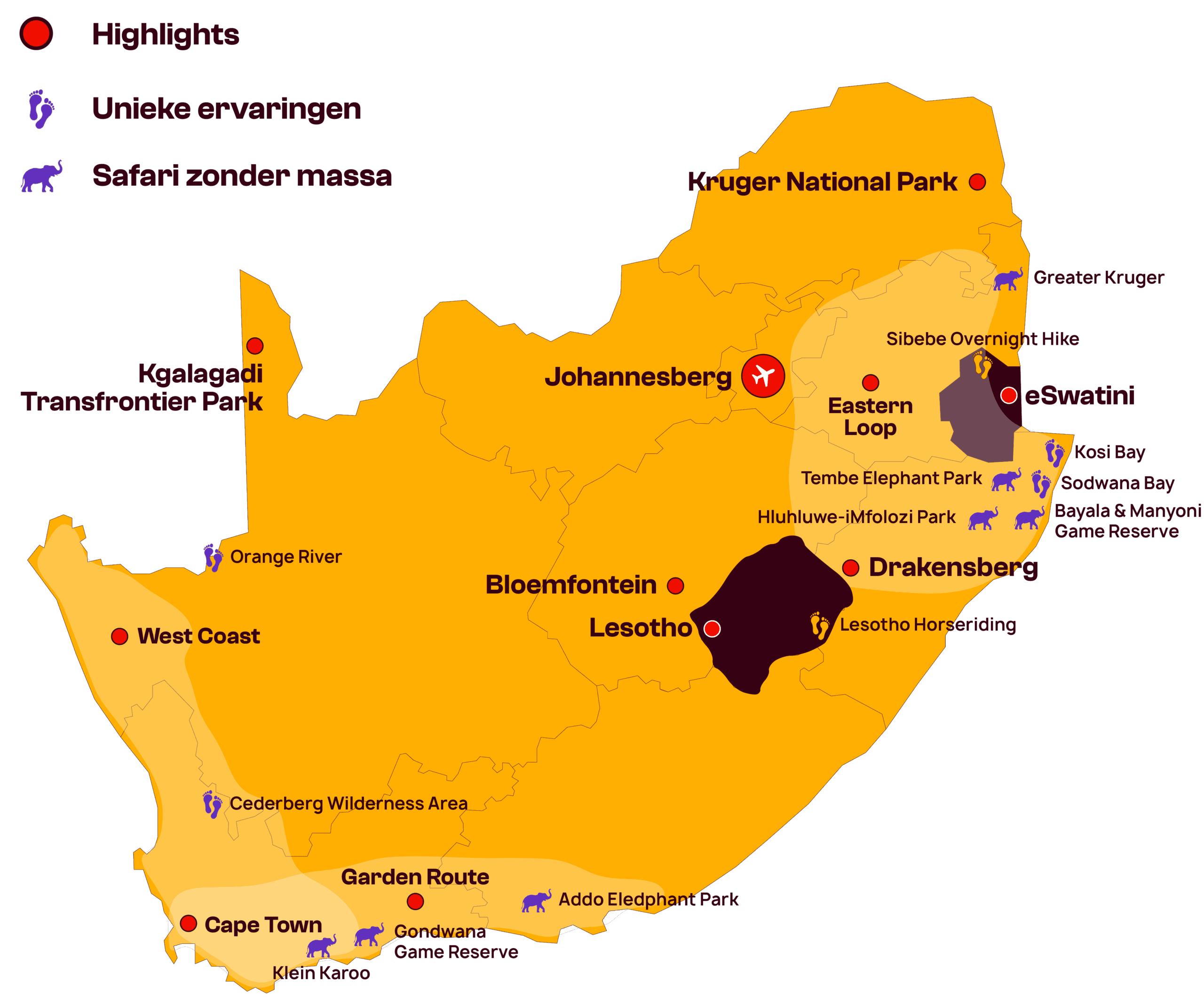 Kaart van Zuid-Afrika met gemarkeerde regio's en steden, met bezienswaardigheden, safarilocaties en reisroutes gemarkeerd in paars, oranje en rood. Nederlandse labels geven unieke ervaringen en bestemmingen aan.