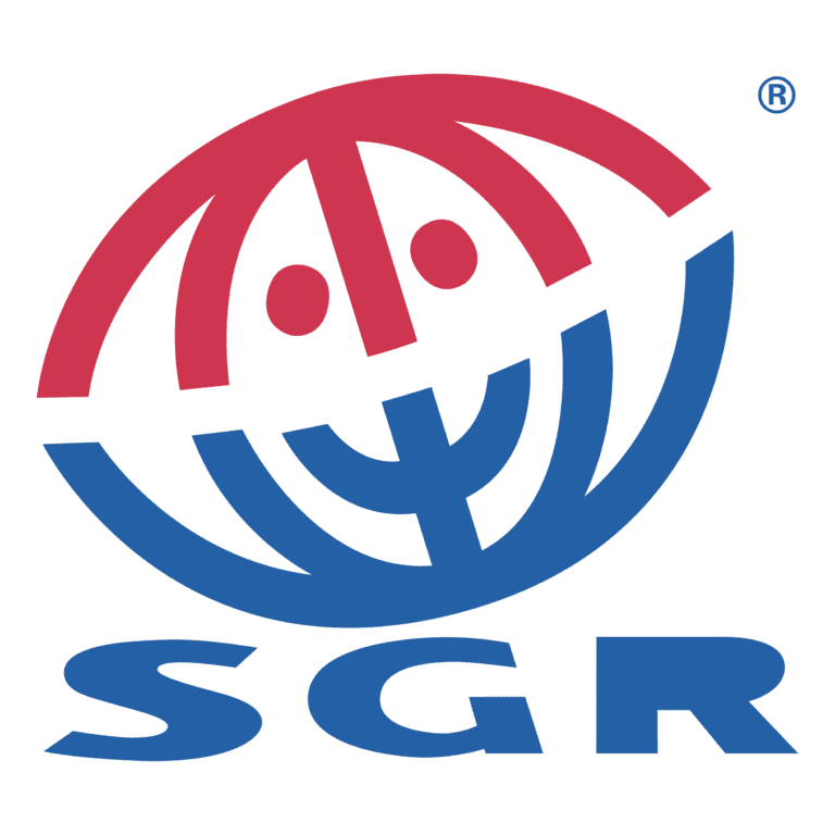 Logo voor SGR met een gestileerd wereldbolpictogram waarvan de bovenste helft rood is en de onderste helft blauw, met daarboven de blauwe tekst SGR.