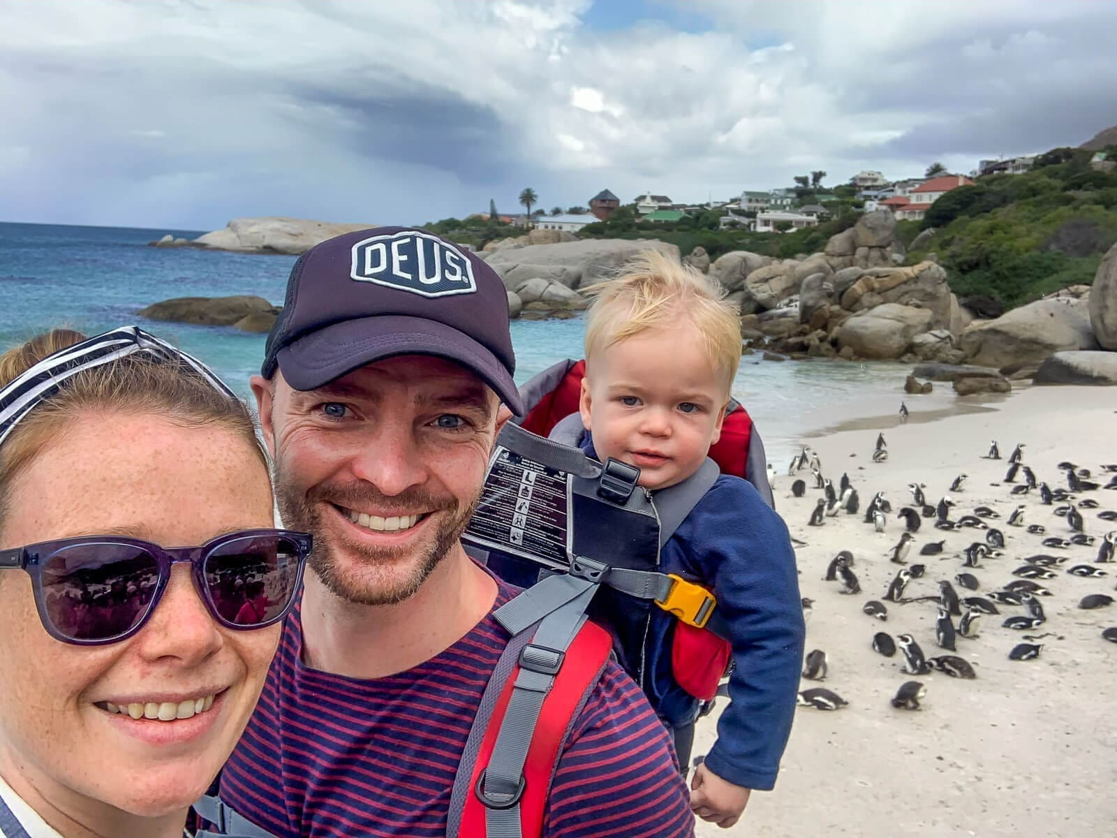 Een lachend stel neemt een selfie met hun peuter in een draagzak op een zandstrand. Tientallen pinguïns zitten op het zand achter hen, met rotsachtige kliffen, oceaangolven en huizen op de achtergrond.