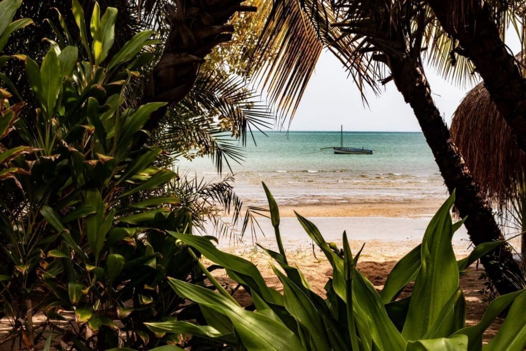 Tropisch strand gezien door weelderige groene planten en palmbomen, met kalme blauwgroene zee en een kleine zeilboot voor anker bij de kust onder een gedeeltelijk bewolkte hemel.