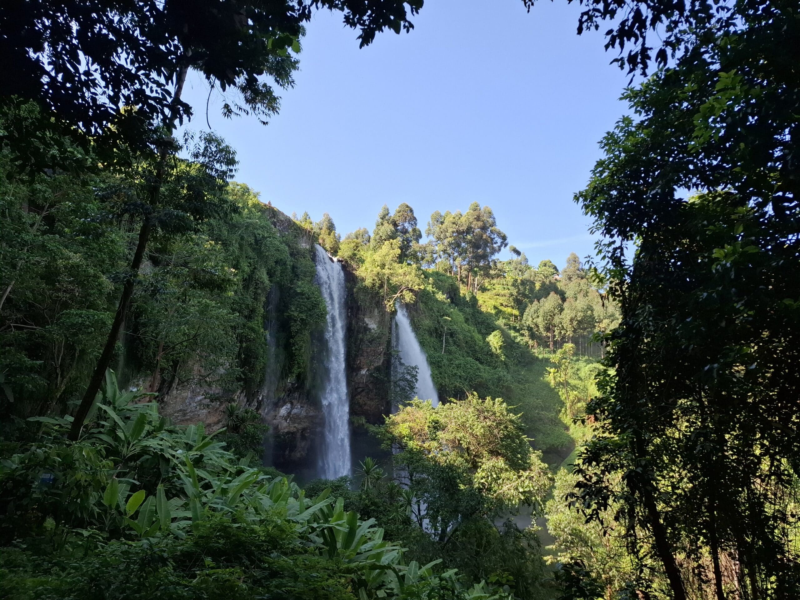 Een weelderig groen bos omringt een hoge dubbele waterval die langs een rotsachtige klif naar beneden stort onder een helderblauwe hemel. Dit nodigt reizigers uit om de serene schoonheid van Afrika te ontdekken terwijl het zonlicht door de bomen filtert.