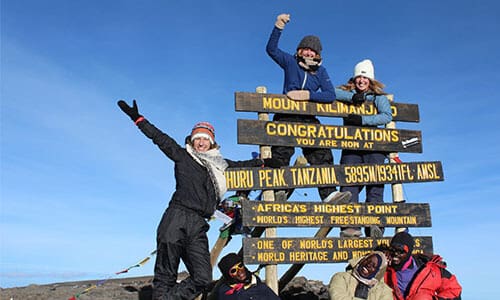 Vijf mensen in winterkleding vieren feest op de top van de Kilimanjaro, poserend rond een houten bord met de tekst "Gefeliciteerd, u bent nu op Uhuru Peak, Tanzania, 5895m.". De lucht is helder en blauw.