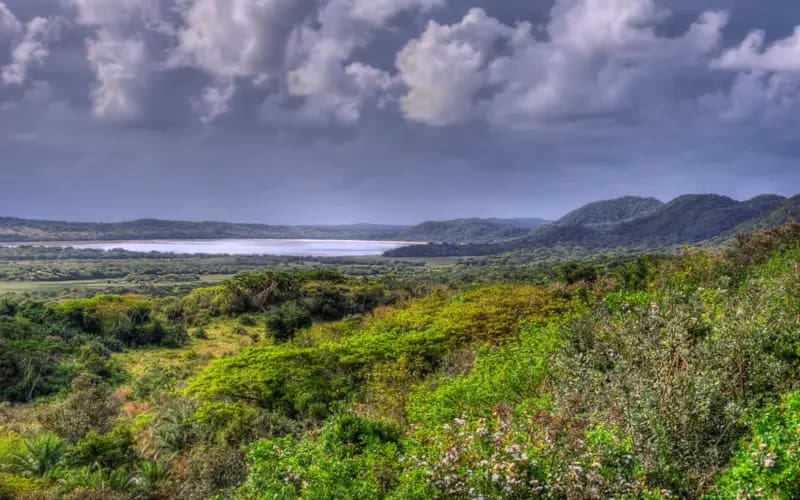 Weelderig groene heuvels en dichte vegetatie strekken zich uit naar een weerspiegelend meer onder een dramatische, bewolkte hemel, met bergen in de verte aan de horizon.
