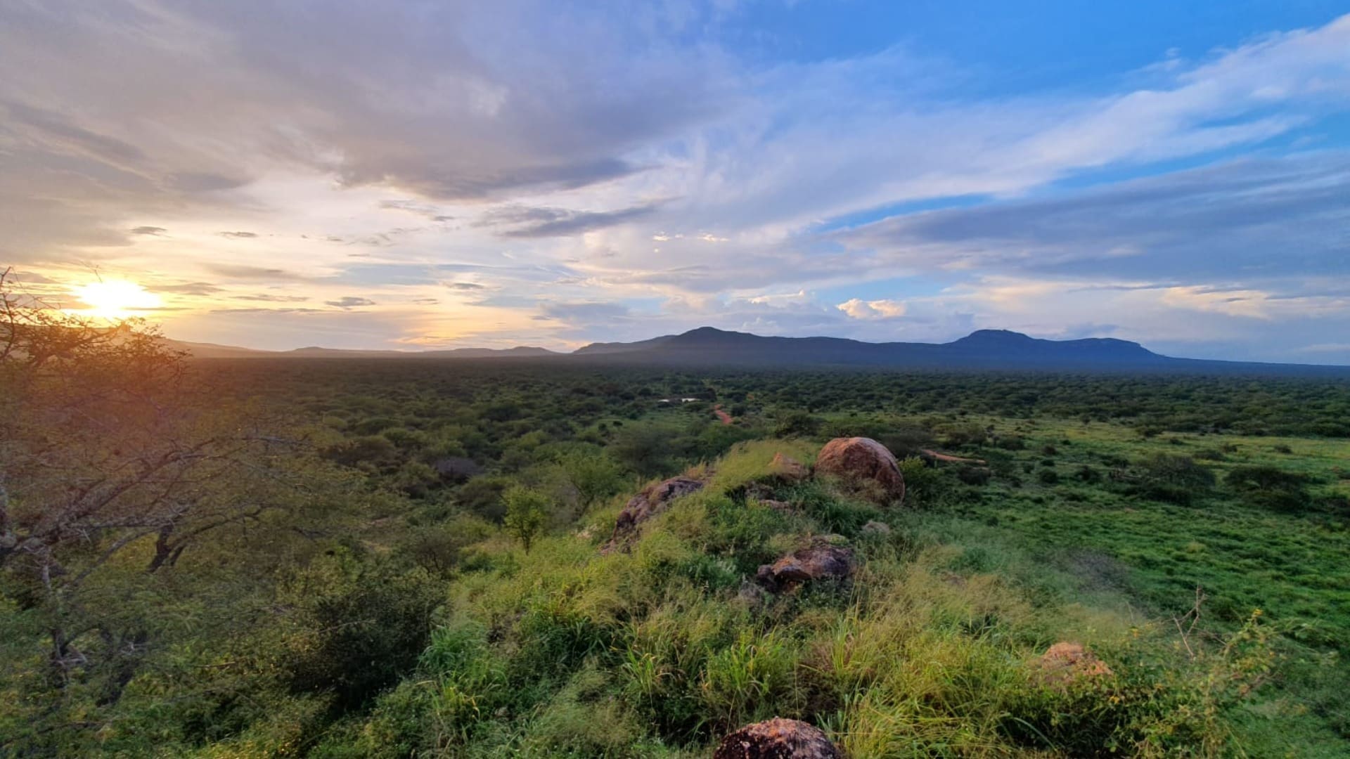 uitzicht op een weids groen landschap met heuvels bij zonsondergang in kenia