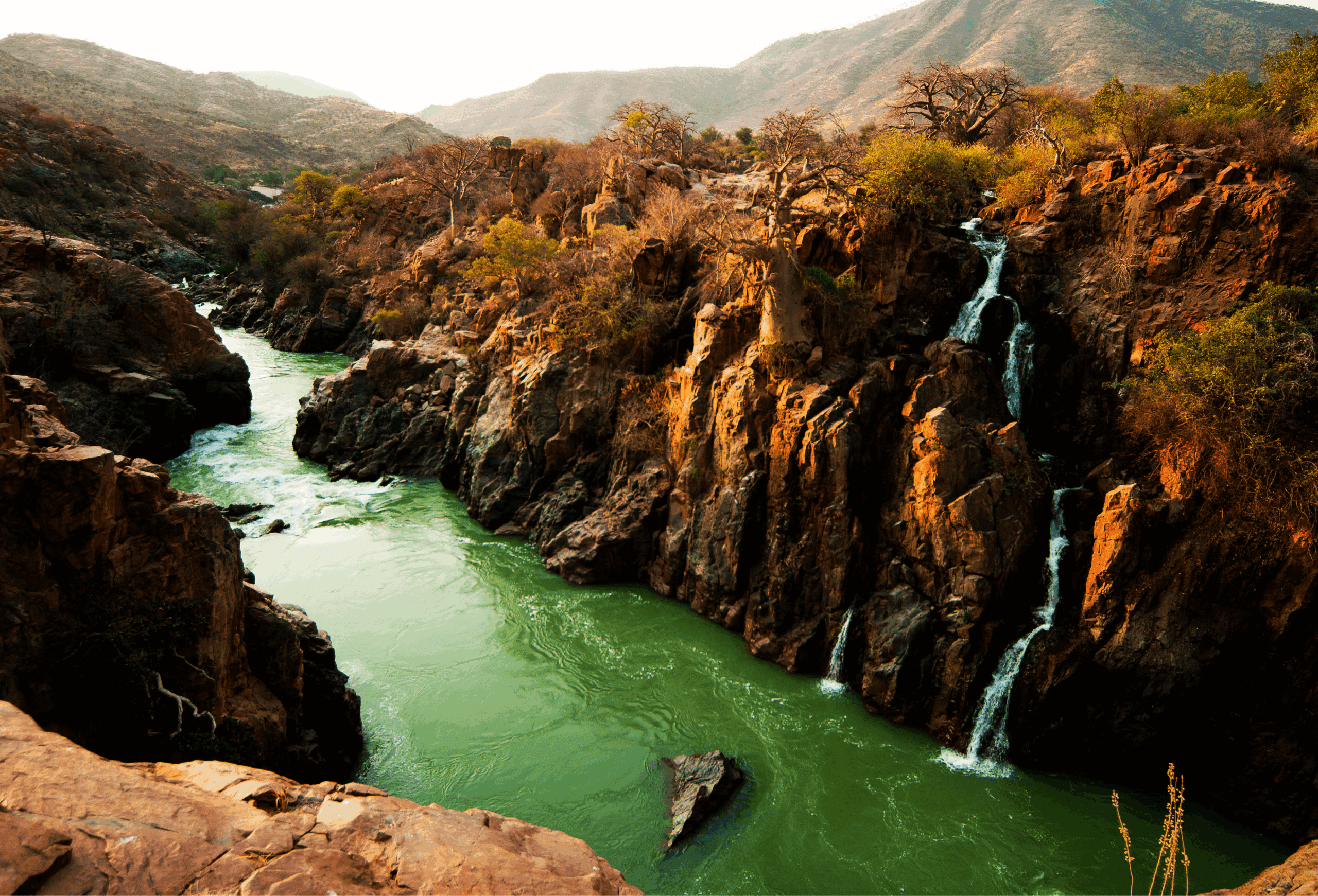 Een groene rivier stroomt door een rotsachtige kloof met kleine watervallen die langs de kliffen naar beneden storten, omringd door droge bomen en heuvels onder een zacht, gouden licht - een uitnodigend tafereel voor reizigers die de wilde schoonheid van Angola in Afrika verkennen.