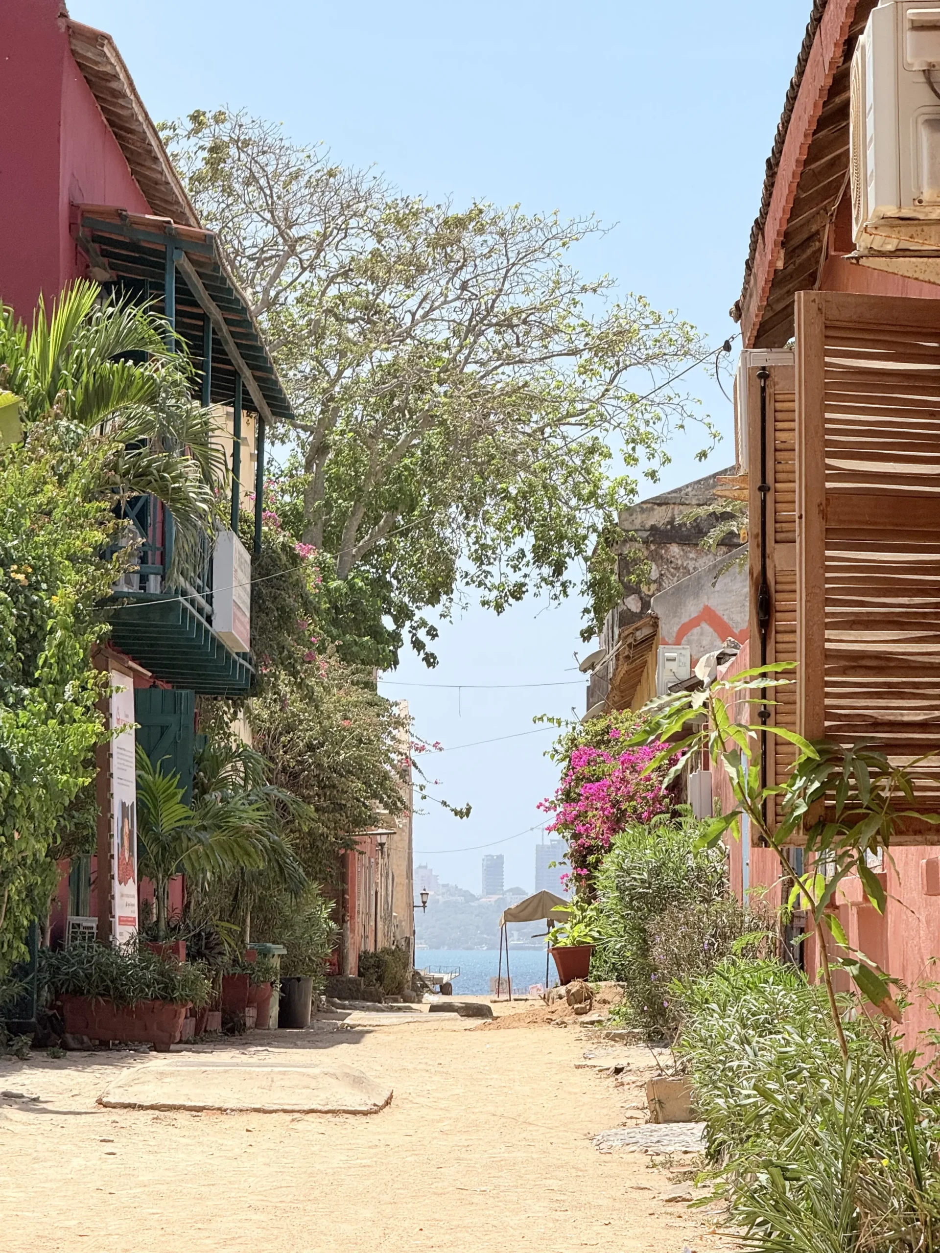 A sunlit, sandy alley lined with colorful buildings, lush plants, and flowers leads toward the sea, with a distant modern city skyline visible across the water under a bright sky.