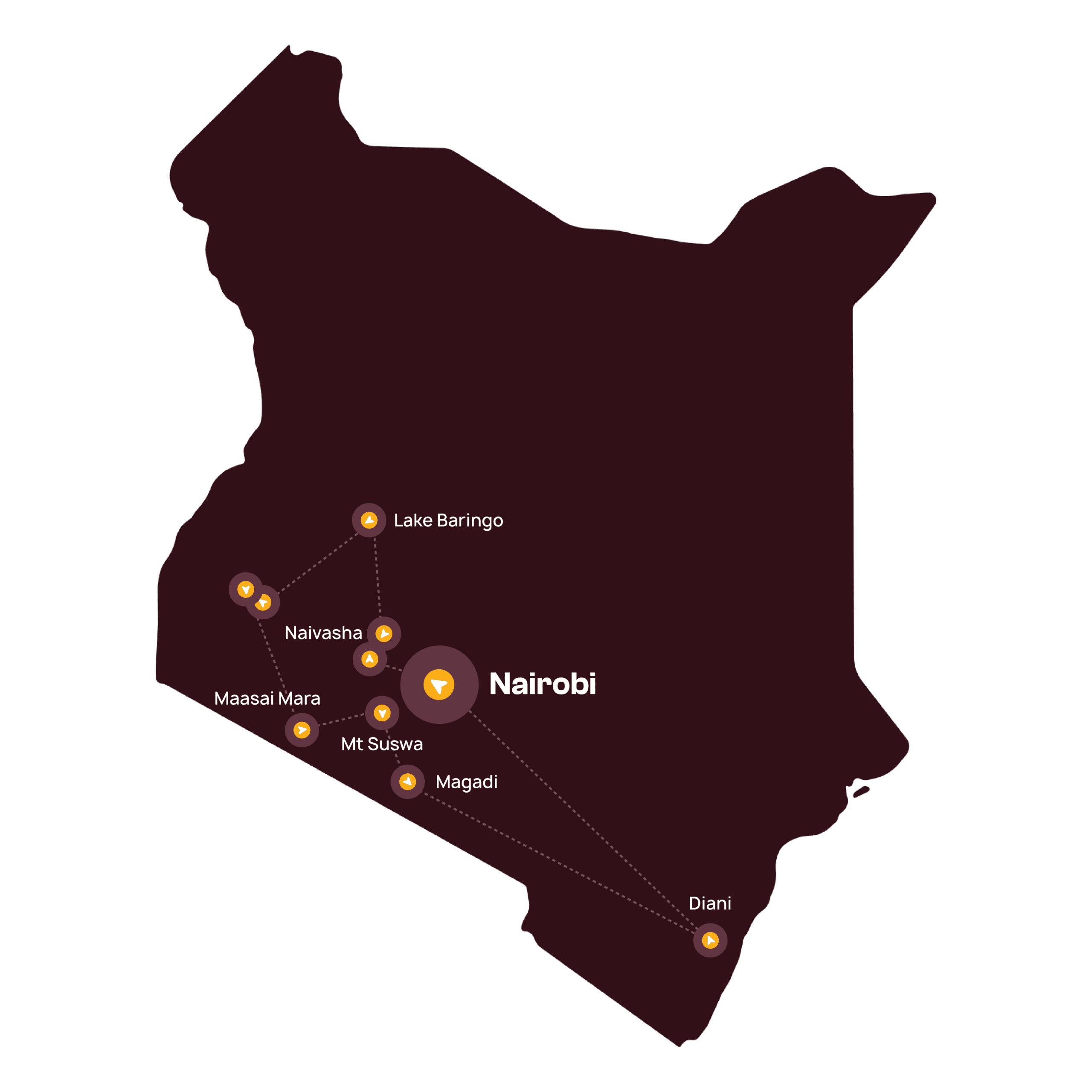 Een donkere kaart van Kenia met gemarkeerde locaties: Nairobi, Diani, Magadi, Mt Suswa, Naivasha, Maasai Mara en Lake Baringo, verbonden door stippellijnen.