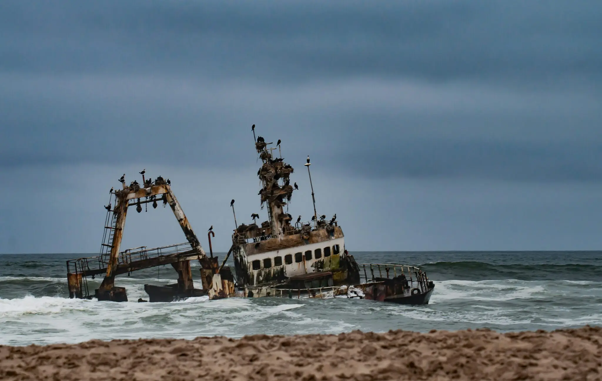 Een verroest, verlaten scheepswrak leunt in de oceaan bij de kust onder een bewolkte hemel, met vogels neergestreken op de structuur en golven die eromheen slaan.