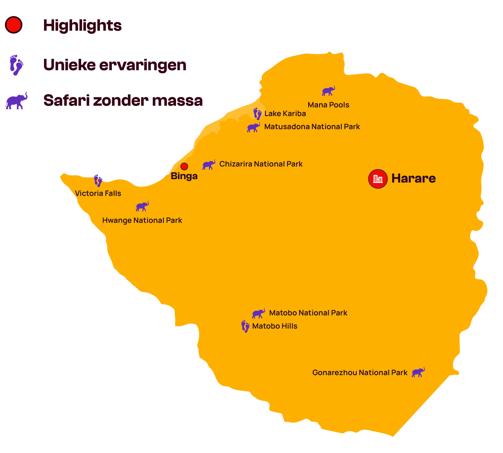 Kaart van Zimbabwe met de belangrijkste locaties en bezienswaardigheden, voorzien van een legenda met hoogtepunten, unieke ervaringen en safari’s.