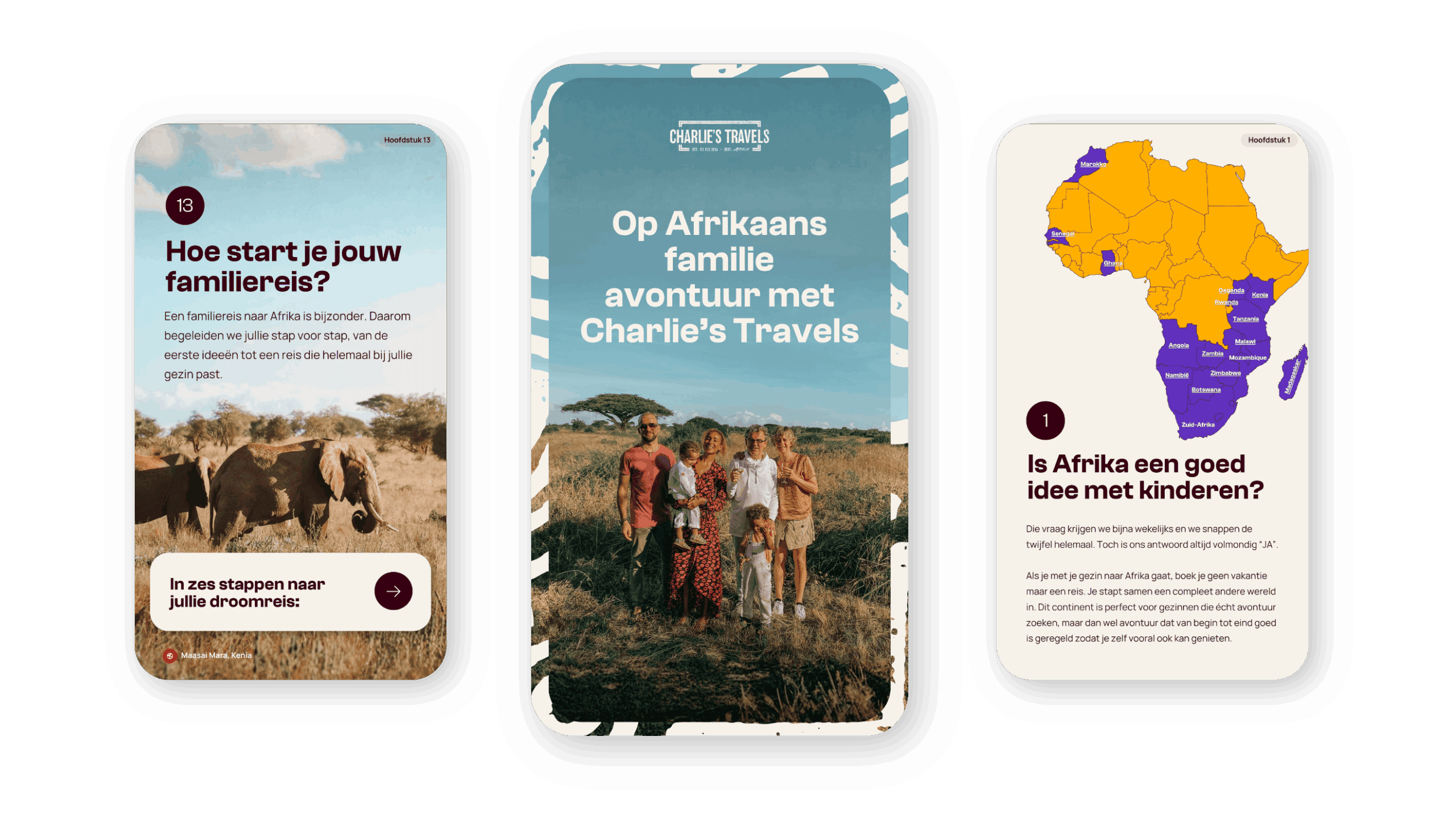 Op drie mobiele schermen zijn tips voor een familiesafari te zien, een gezin dat buiten poseert en een gemarkeerde kaart van Afrika met tekst over gezinsreizen in het Nederlands.