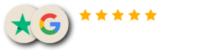 Twee beoordelingspictogrammen: het ene met een groene ster en het andere met de Google G, gevolgd door vijf gouden sterren en de tekst ‘4,8 | 800+ beoordelingen’ in lichtgrijs.