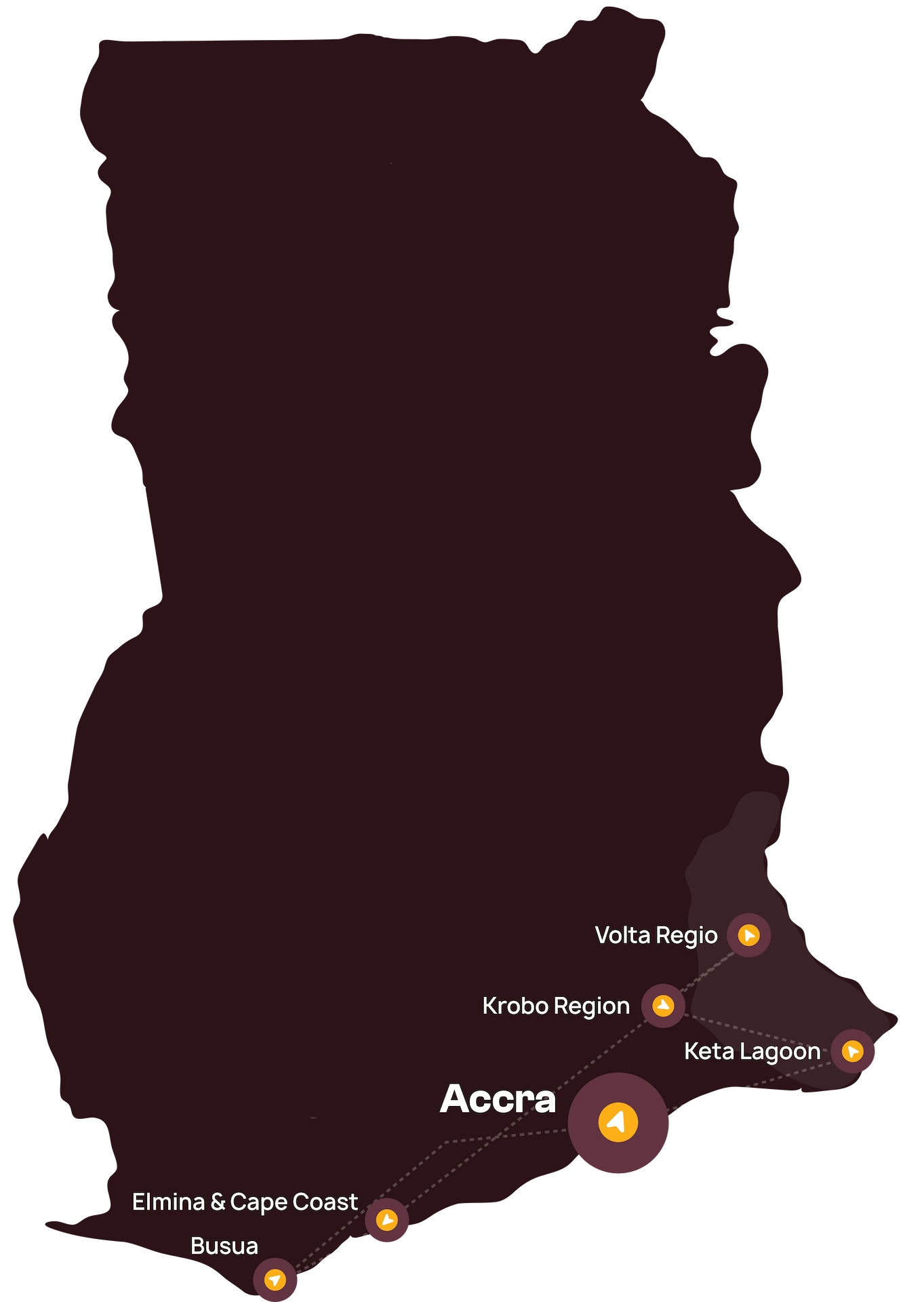 Kaart van Ghana met gemarkeerde plaatsen: Accra, Elmina & Cape Coast, Busua, de Krobo-regio, de Volta-regio en de Keta-lagune, allemaal aangegeven met oranje kaartpictogrammen in de zuidelijke en zuidoostelijke regio’s.
