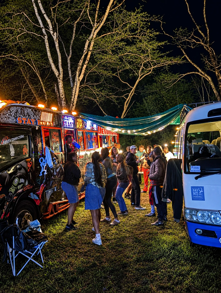 ’s Nachts verzamelt zich een groep mensen tussen twee geparkeerde bussen die versierd zijn met lichtjes en graffiti, in een bosrijke omgeving.