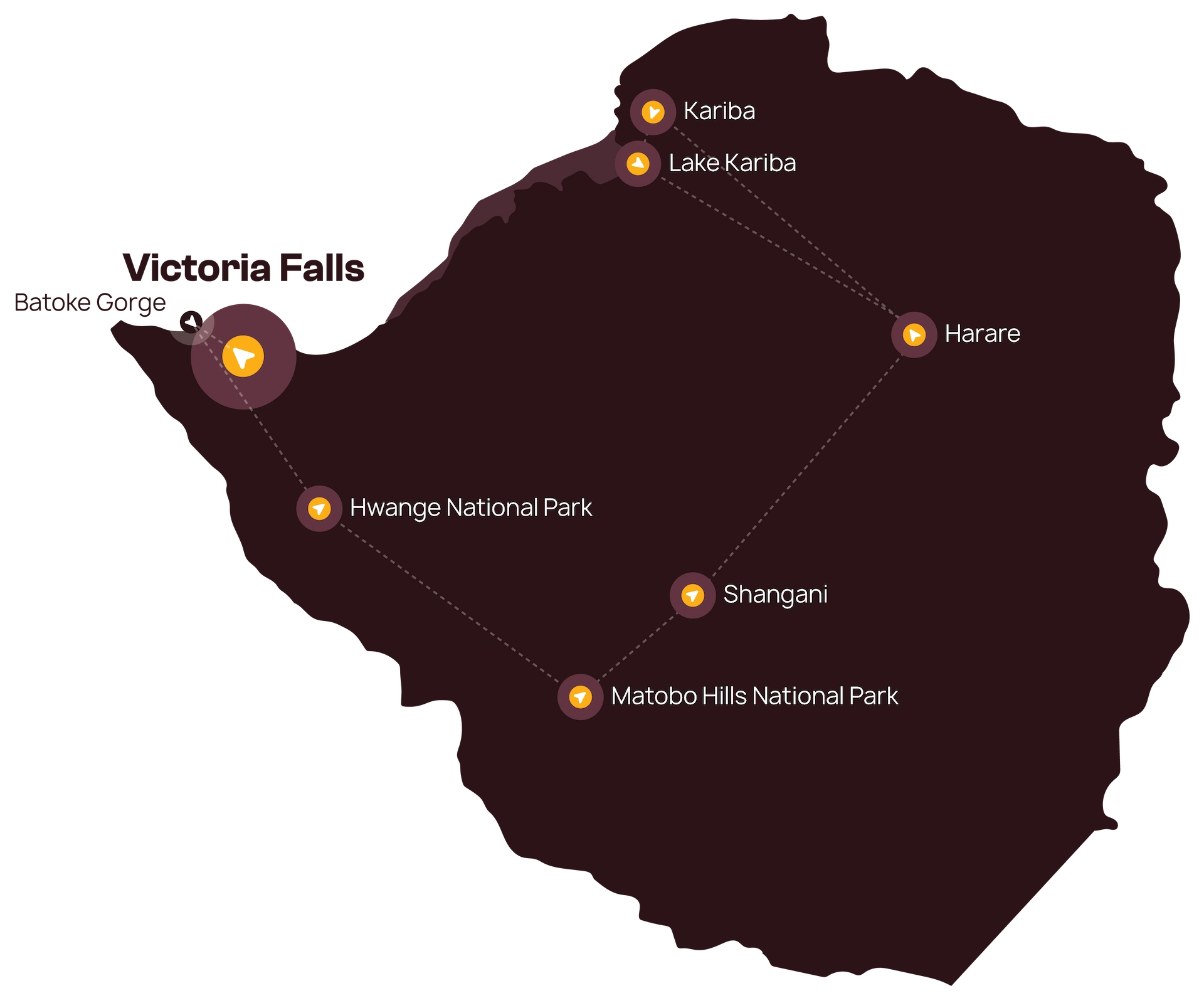 Een kaart van Zimbabwe waarop onder andere de Victoriawatervallen, de Batoke-kloof, het Hwange National Park, het Matobo Hills National Park, Shangani, Harare, het Kariba-meer en Kariba zijn aangegeven.