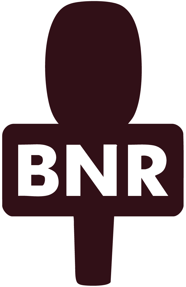 Een donker silhouet van een handmicrofoon met de letters BNR in het wit op het vierkante vlaggetje.