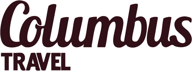 Het logo van Columbus Travel, met het woord Columbus in een donkerbruin schrijflettertype boven het woord TRAVEL in een donkerbruin schreefloos lettertype.